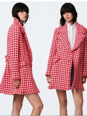 Zara Women's Red & White Houndstooth Coat